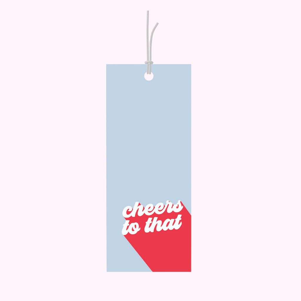 Bad on Paper blue gift tag that reads "Cheers to that". Gift tag specification are 5cm x 10cm, printed on premium 400gsm. This gift tag is perfect for birthdays, weddings or just because. Last minute gift idea on the go. This gift tag is perfect for bottles of wine and alcohol and wrapped gifts and presents. Made in Australia