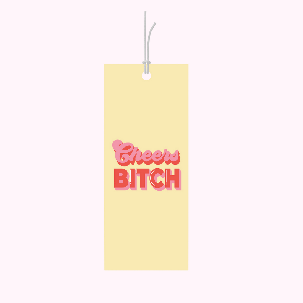Bad on Paper yellow gift tag that reads "cheers, bitch". Gift tag specification are 5cm x 10cm, printed on premium 400gsm. This gift tag is perfect for birthdays, weddings, just because and condolences. Last minute gift idea on the go for alcohol and wrapped gifts and presents. Made in Australia